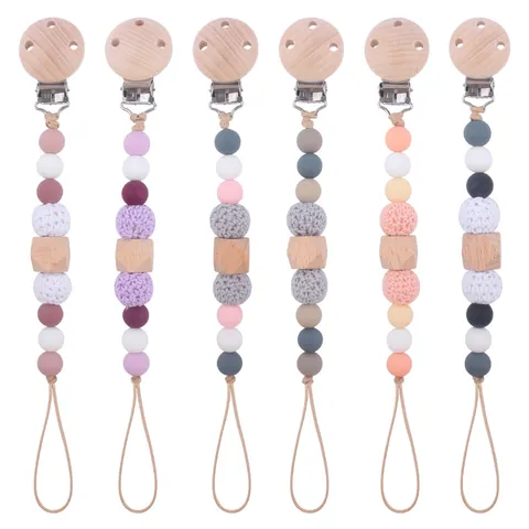 Buchenholz Silikon Baby Schnullerkette Beruhigender Beißring Perlenhalter Für Säuglinge Kleinkinder Anti-Verlust Schnullerband