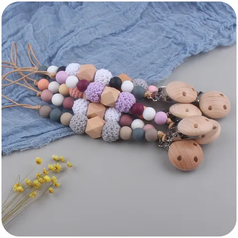 Buchenholz Silikon Baby Schnullerkette Beruhigender Beißring Perlenhalter Für Säuglinge Kleinkinder Anti-Verlust Schnullerband