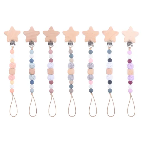 Handmade Baby Pacifier Clip Star Beech Wood Silicone Beads Crochet Chain Anti-drop Nipple Holder For Infants Nordic Style Teether Accessory