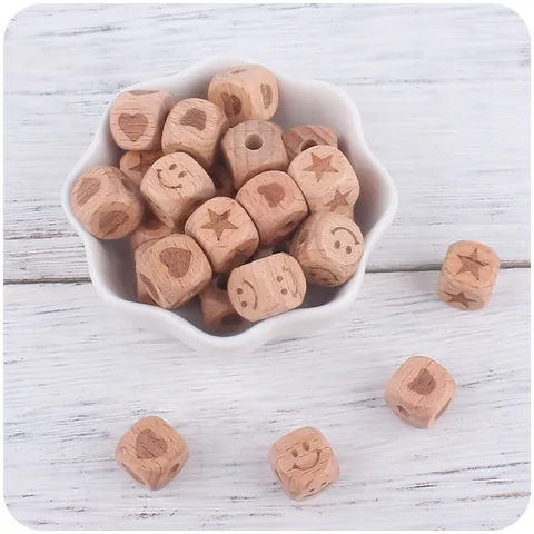 Natural Beech Wood Square Beads For DIY Baby Pacifier Chain Teether Star Heart Bear Smile Engraved Wooden Loose Beads
