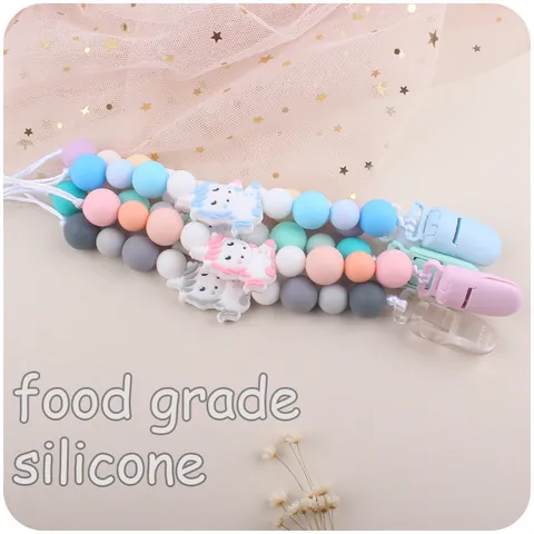 Baby Silicone Pacifier Clip Cartoon Unicorn Teether Beads Chain For Infant BPA Free Food Grade Soothing Soother Holder Accessories