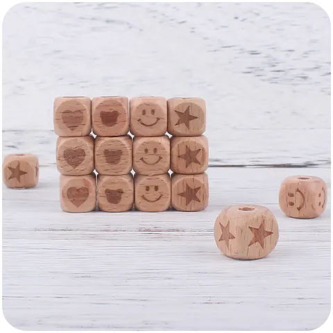 Natural Beech Wood Square Beads For DIY Baby Pacifier Chain Teether Star Heart Bear Smile Engraved Wooden Loose Beads