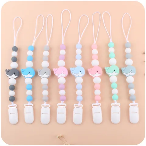 Baby Silicone Pacifier Chain Cartoon Whale Beads Molar Teether Soothing Anti-Drop Clip Holder Infant Toddler Daily Use