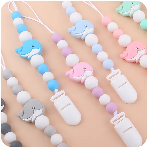 Baby Silicone Pacifier Chain Cartoon Whale Beads Molar Teether Soothing Anti-Drop Clip Holder Infant Toddler Daily Use
