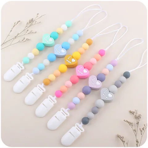 Catenella Portaciuccio in Silicone Cuore I Love Mom Dad Design Perline da Dentizione per Neonati Infanti Bambini Accessorio