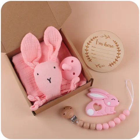 Baby Rabbit Muslin Soothing Towel Silicone Pacifier Teether Clip Wooden Milestone Card Newborn Shower Gift Box