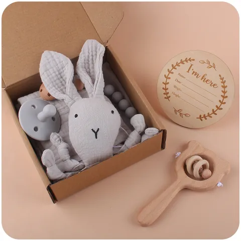 Baby Rabbit Muslin Soothing Towel Silicone Pacifier Teether Clip Wooden Milestone Card Newborn Shower Gift Box