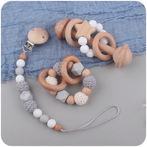 Beech Wood Silicone Baby Teether Set Star Rattle Pacifier Chain Crochet Beads Sensory Infant Toy Soothing Newborn Gift