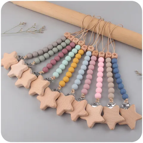 Silicone Beads Beech Wood Baby Pacifier Clip Star Shape Anti-Drop Chain For Infants Teething Relief Soothing Pacifier Holder
