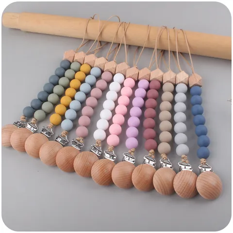 Silicone Beech Wood Baby Pacifier Clip Soothing Teething Beads Chain Holder For Infant Toddler Anti-Drop Accessory
