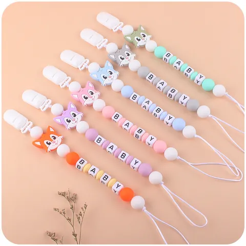 Siliconen Baby Speenkoord Cartoon Vos Dier Kralen Alfabet BABY Letter Bijtspeeltje Anti-Drop Ketting Houder Voor Baby's