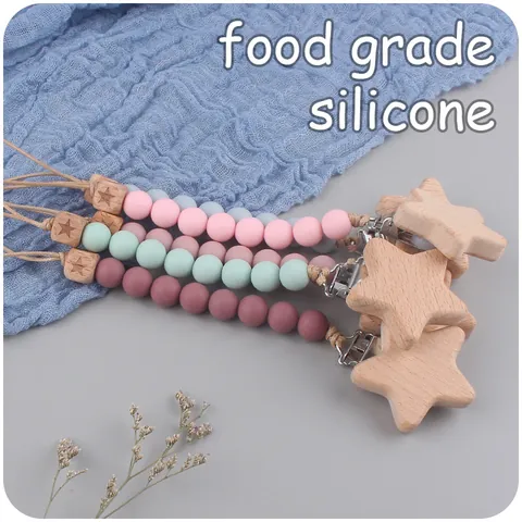 Silicone Beads Beech Wood Baby Pacifier Clip Star Shape Anti-Drop Chain For Infants Teething Relief Soothing Pacifier Holder