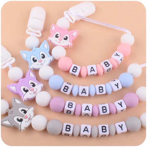 Siliconen Baby Speenkoord Cartoon Vos Dier Kralen Alfabet BABY Letter Bijtspeeltje Anti-Drop Ketting Houder Voor Baby's