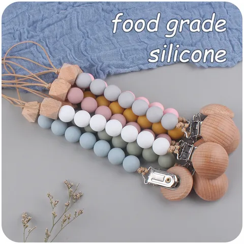 Silicone Beech Wood Baby Pacifier Clip Soothing Teething Beads Chain Holder For Infant Toddler Anti-Drop Accessory