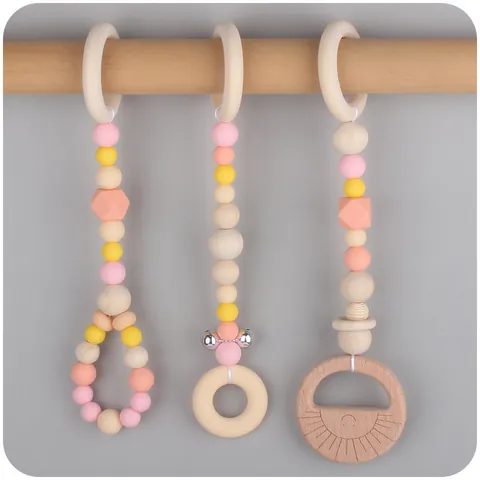 Nordic Style Beech Wood Silicone Bead Baby Gym Hanging Pendants For Teething Sensory Rattle Toy Elephant Bird Cactus Sun Pattern Baby Gift
