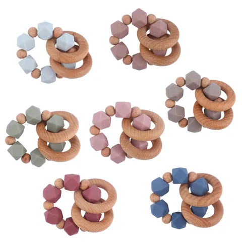 Baby Teether Bracelet Silicone Beechwood Teething Ring Toy BPA Free Sensory Grasping Rattle For Infants Newborns Daily Use Gift