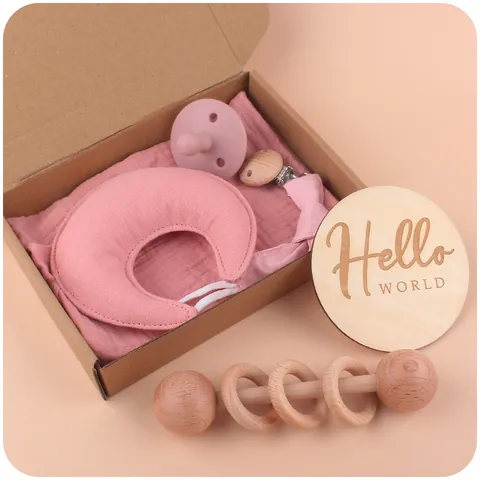 Set de Regalo para Bebé Chupete de Silicona Sonajero de Madera Toalla Relajante de Luna de Algodón Placa de Madera Milestone para Accesorios de Recién Nacido
