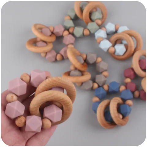 Baby Teether Bracelet Silicone Beechwood Teething Ring Toy BPA Free Sensory Grasping Rattle For Infants Newborns Daily Use Gift