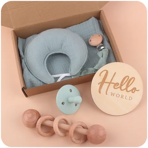 Set de Regalo para Bebé Chupete de Silicona Sonajero de Madera Toalla Relajante de Luna de Algodón Placa de Madera Milestone para Accesorios de Recién Nacido