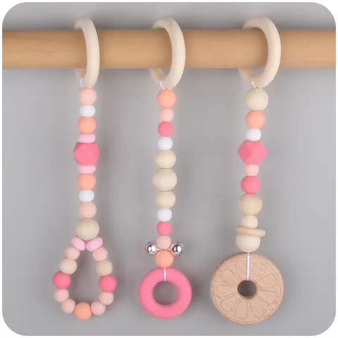 Nordic Style Beech Wood Silicone Bead Baby Gym Hanging Pendants For Teething Sensory Rattle Toy Elephant Bird Cactus Sun Pattern Baby Gift