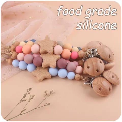 Catenella Portaciuccio per Neonati in Silicone e Legno di Faggio Forma di Stella Massaggiagengive Supporto Anti-Caduta