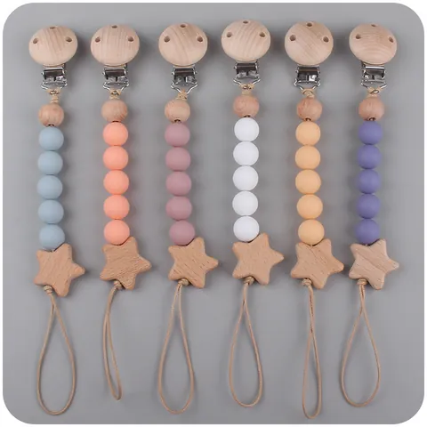 Beech Wood Star Baby Pacifier Clip With Food Grade Silicone Beads Soothing Soother Chain For Infants Newborns Accessory