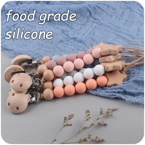 Beech Wood Star Baby Pacifier Clip With Food Grade Silicone Beads Soothing Soother Chain For Infants Newborns Accessory
