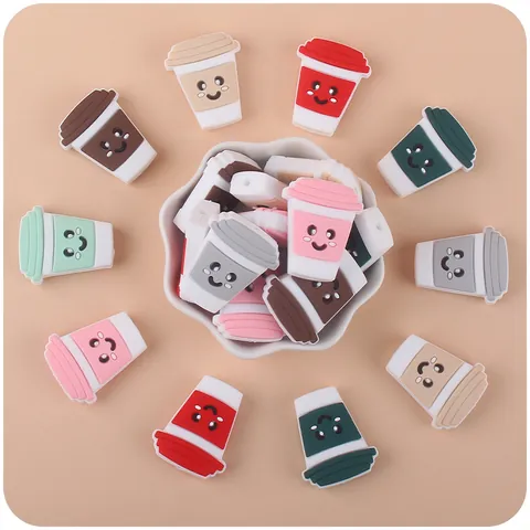 Cartoon Koffiekopje Siliconen Bijtring Kralen Baby DIY Spenenketting Accessoires Schattige Smiley Drankvorm Bijtspeeltje