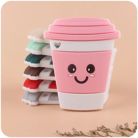 Food Grade Silicone Coffee Cup Baby Teether Cartoon Smile Face Soothing Teething Toy For Infants Toddlers Soft BPA Free Chew Toy