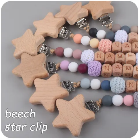 Buchenholz Stern Schnullerclip Mit Silikon Und Häkelperlen Alphabet Buchstaben Baby Schnullerkette Anti-Drop Leine