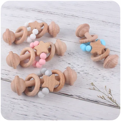 Baby Beech Wood Rattle Teether Natural Wood Silicone Beads Star Molar Rod Infant Sensory Grasping Montessori Toy Teething Relief