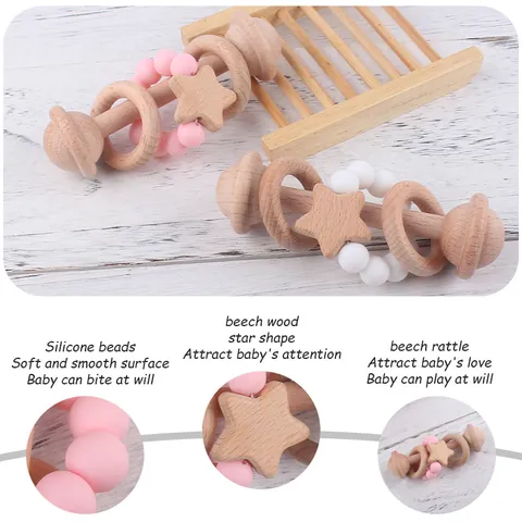 Baby Beech Wood Rattle Teether Natural Wood Silicone Beads Star Molar Rod Infant Sensory Grasping Montessori Toy Teething Relief