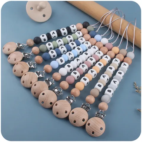 Baby Pacifier Clip Silicone Teether Chain Beech Wood Soothing Holder Letter Beads For Infant Toddler Anti-Lost Soother Link