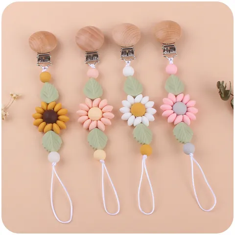 Silikon Buchenholz Baby Schnullerkette Cartoon Gänseblümchen Sonnenblume Beruhigende Schnullerhalter Anti-Drop Kette Für Säuglinge