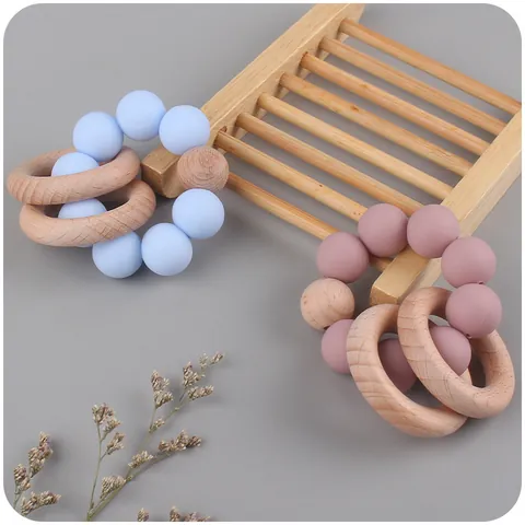 Baby Teether Bracelet Toy Food Grade Silicone Beads Natural Beech Wood Rings Teething Rattle For Infants 3 Months Plus BPA Free