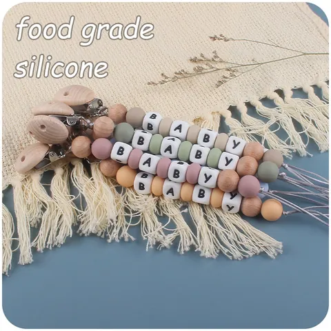 Baby Pacifier Clip Silicone Teether Chain Beech Wood Soothing Holder Letter Beads For Infant Toddler Anti-Lost Soother Link