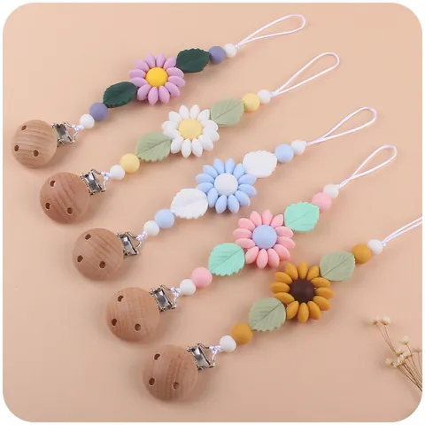 Silikon Buchenholz Baby Schnullerkette Cartoon Gänseblümchen Sonnenblume Beruhigende Schnullerhalter Anti-Drop Kette Für Säuglinge