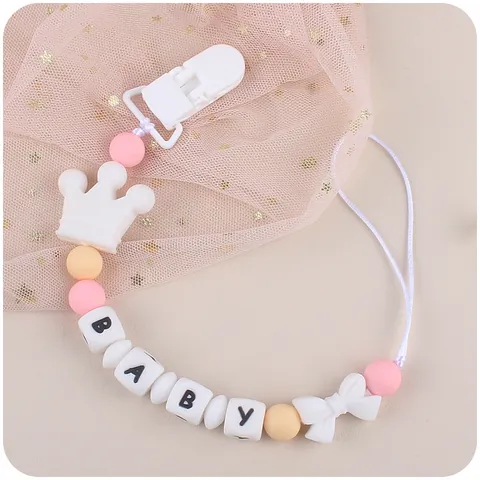 Silikon Schnullerkette Mit Krone Schleife Und BABY Buchstaben Perlen Für Säuglinge Beißspielzeug Anti-Drop Halter Für Babys