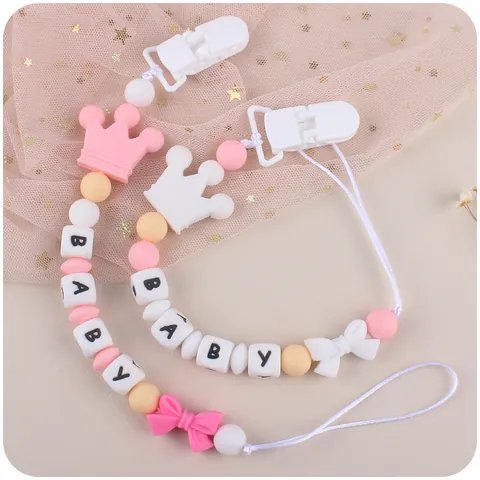 Silikon Schnullerkette Mit Krone Schleife Und BABY Buchstaben Perlen Für Säuglinge Beißspielzeug Anti-Drop Halter Für Babys