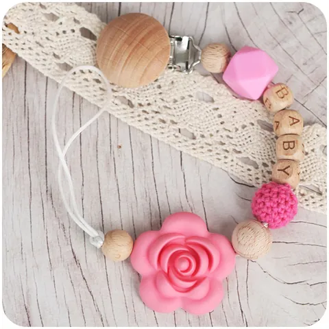 Silicone Beech Wood Baby Pacifier Clip Soothing Teething Chain With Crochet Bead Letter Blocks Rose Flower Accessory