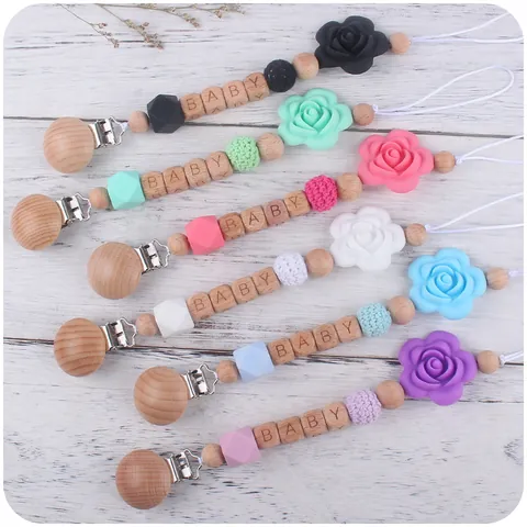 Silicone Beech Wood Baby Pacifier Clip Soothing Teething Chain With Crochet Bead Letter Blocks Rose Flower Accessory
