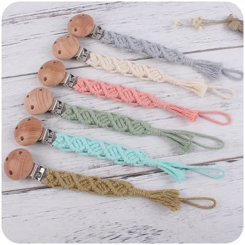 Handgefertigte Boho Makramee Baumwollseil Schnullerkette Mit Buchenholz Halter Für Säuglinge Neugeborene Beruhigungshilfe