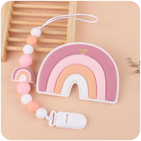 Cartoon Silicone Baby Teether And Pacifier Clip Set Rainbow Shape BPA Free Food Grade Soothing Toy For Infants Daily Use