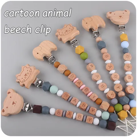 Sujetachupetes para Bebé de Animales de Dibujos Animados Cuentas de Silicona Madera de Haya Cadena de Dentición para Bebés