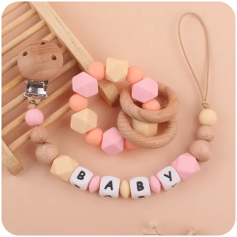 Baby Pacifier Clip and Silicone Teether Bracelet DIY Beech Wood Beads Soothing Toy for Infants Toddlers