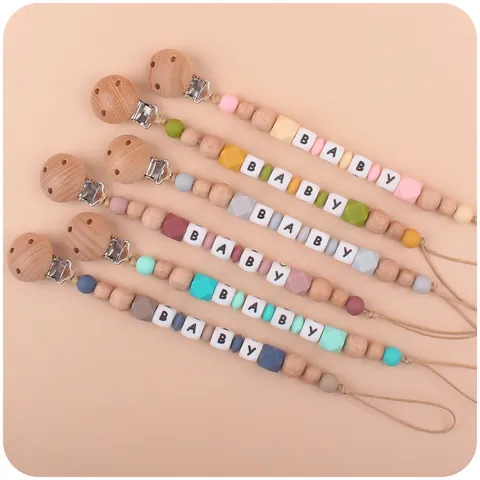Baby Pacifier Clip and Silicone Teether Bracelet DIY Beech Wood Beads Soothing Toy for Infants Toddlers