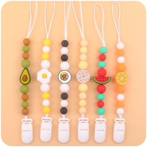 Baby Pacifier Clip Silicone Teething Beads Chain Cartoon Fruit Food Shapes Anti-Drop Holder For Infants Newborns Toddlers