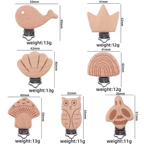 Natural Beech Wood Baby Pacifier Clip Cartoon Animal Whale Crown Mushroom Soother Holder Safety Wood Clip Accessories