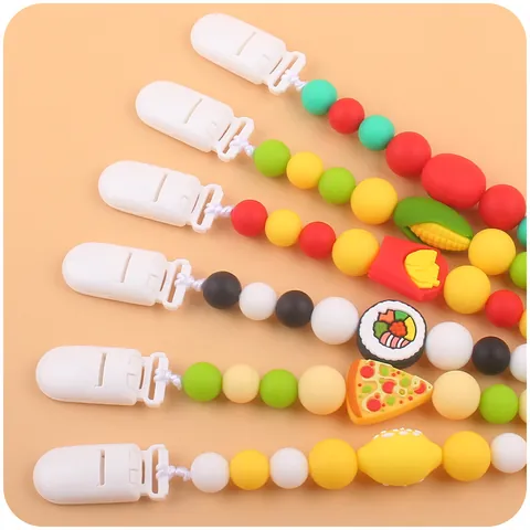 Baby Pacifier Clip Silicone Teething Beads Chain Cartoon Fruit Food Shapes Anti-Drop Holder For Infants Newborns Toddlers