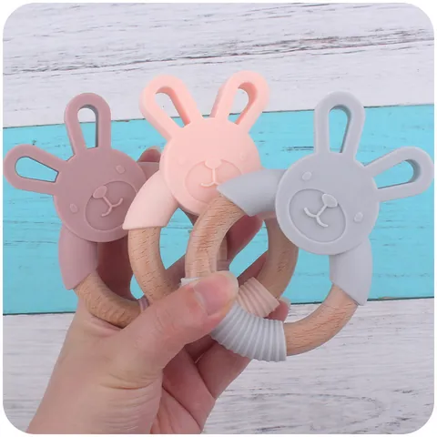 Cartoon Rabbit Baby Teether Silicone And Natural Beech Wood Ring BPA Free Infant Soothing Toy For Teething Grasping Training